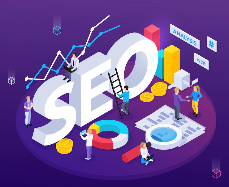 SEO analysis isometric composition with web optimization 